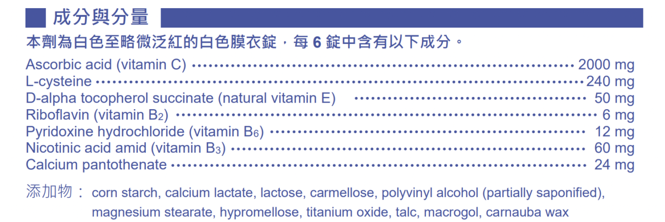 TRANSINO美白錠成分表